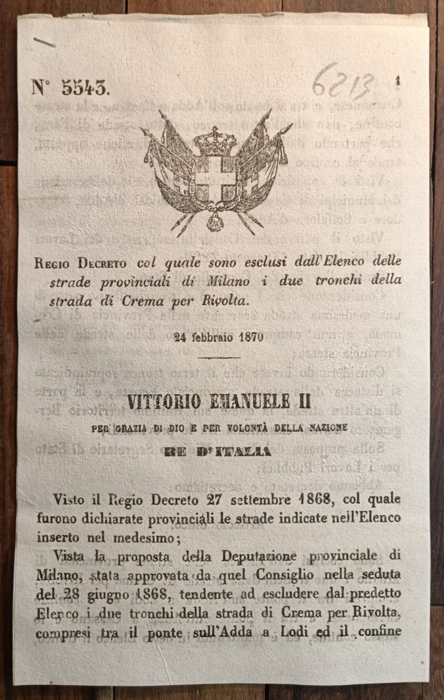 MILANO 1870 REGIO DECRETO ESCLUDE ALCUNE STRADE PROVINCIALI-6213