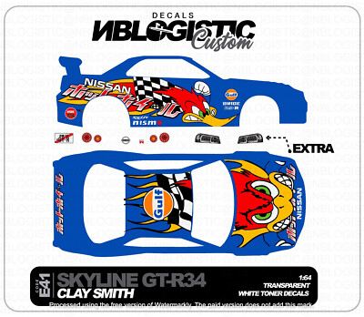 1/64 Scale SKYLINE R34 Custom Universal WaterSlide Decal for Hot Wheels