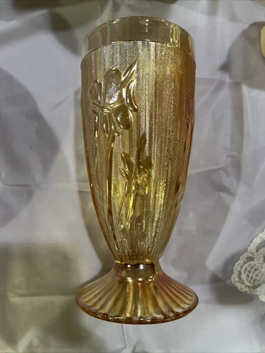 Jeannette Glass IRIS AND HERRINGBONE Marigold Iridescent Footed Water Tumbler