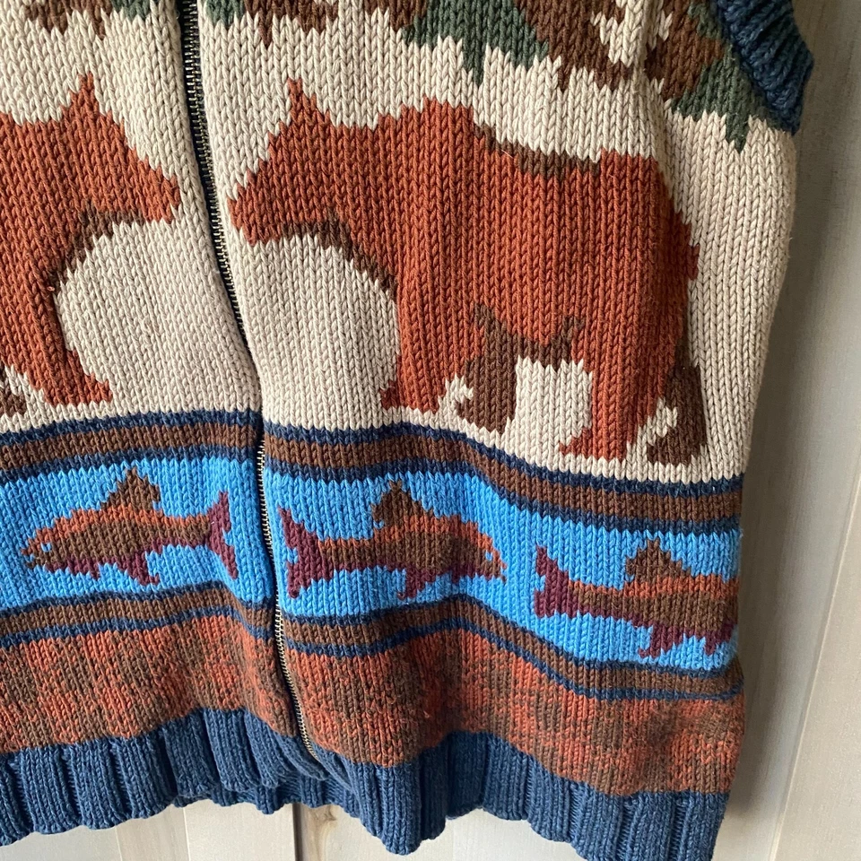 Woolrich Mujer Punto Pesado Algodón Cremallera Osos Peces Naturaleza Escena Suéter Chaleco L Foto 4 de 4