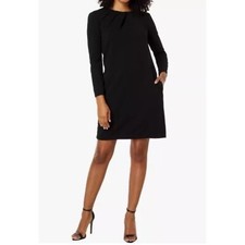 Maggy London Black Sheath Dress Career Work Pleated Pockets Long Sleeve 10 NEW