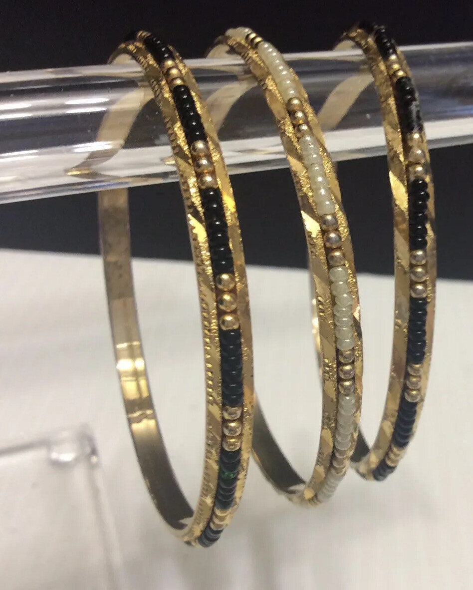 Bangle Bracelets W/ Black White Gold Seed Beads  Goldtone Set Of 3-image