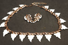 Renoir Matisse Necklace & Earrings Set Copper White Enamel Leaf Wedding Jewelry — photo 2