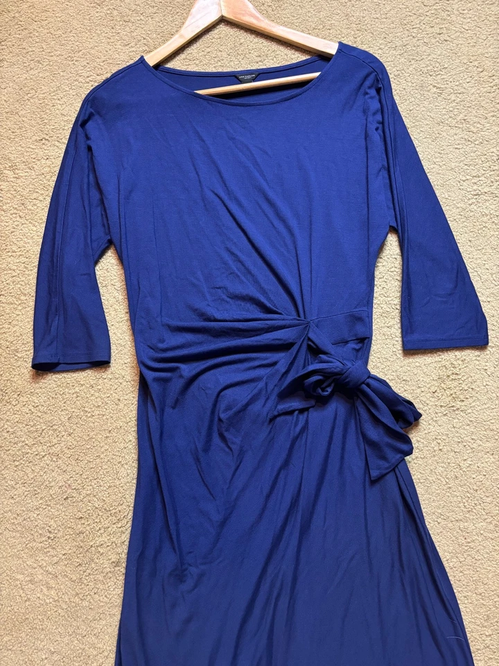 Ann Taylor Navy Blue Faux Wrap Boat Wide Neck Tie Front 3/4 Sleeve Shirt Dress S - Image 2 of 4