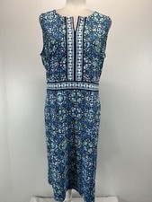Talbots Navy, Lt Blue, Green Floral Sleeveless V Neck Shift Dress Large