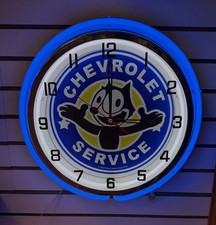 Vintage Chevrolet Service Felix The Black Cat Logo Sign Large Metal Neon Clock