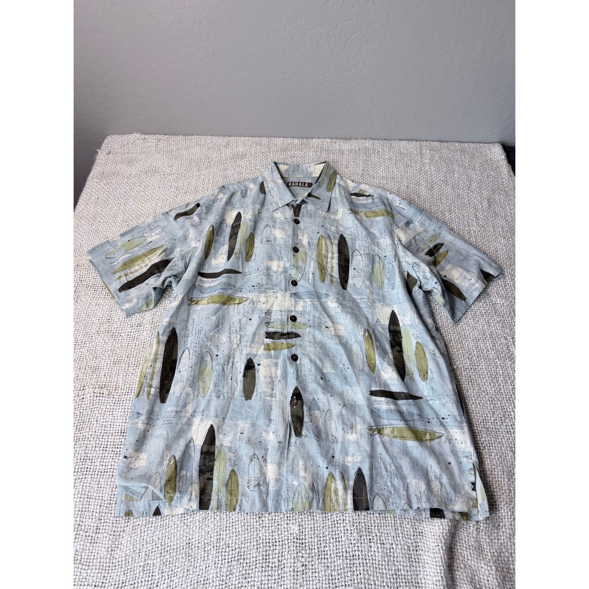 Kahala 1936 Mens XL Blue Surfboard Graphic Aloha Shirt Hand Crafted Hawaii USA