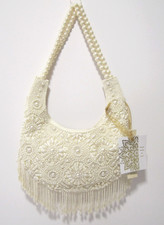 Handmade Elegant White/Ivory Beaded Pearl Fringed Shoulder Bag Made in India NWT