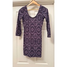 Free People Mini Dress Womens Small Purple Medallion Burnout Scoop 3/4 Sleeve