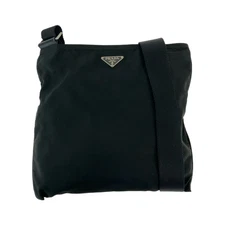Condition PRADA Tessuto Triangle Logo Plate Black Silver Hardware Nylon Shoulde