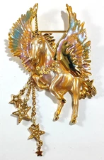 Kirks Folly Unicorn Horse Wings Dangle Stars Brooch  Gold Tone Iridescent Enamel