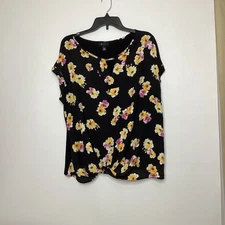 AB Studio Women’s Size XXL Twist Front Top, Black Yellow Flowers 💐Cutout Detail