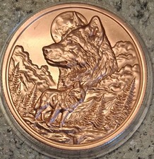 WOLF HEAD & WOLF COIN 3D HIGH-RELIEF - 1 Oz. BU COPPER ROUND -.999 FINE BULLION