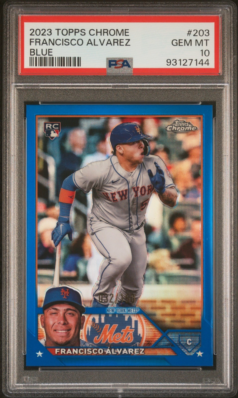 Francisco Alvarez 2023 Topps Chrome 203 Blue Refractor 32/150 PSA 10 RC