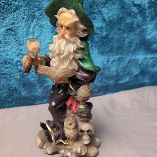 Wizard Skull Ornament Figurine Pole Green Brown Blue Beard Hat Cloak Book Owl