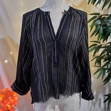 Michael Stars Black Beach Stripe Sheer Cropped Raw Hem Blouse Coverup Women's XS