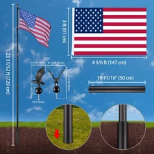 Apluschoice 25 Ft Telescopic Flag Pole Kit +Ball & Eagle Topper US Flag Black