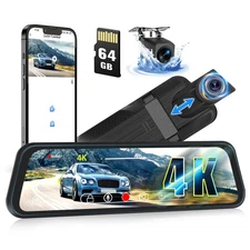 CAMECHO 4K WiFi Mirror Dash Cam, 9.66" Rear View Mirror Camera with 64GB Card...