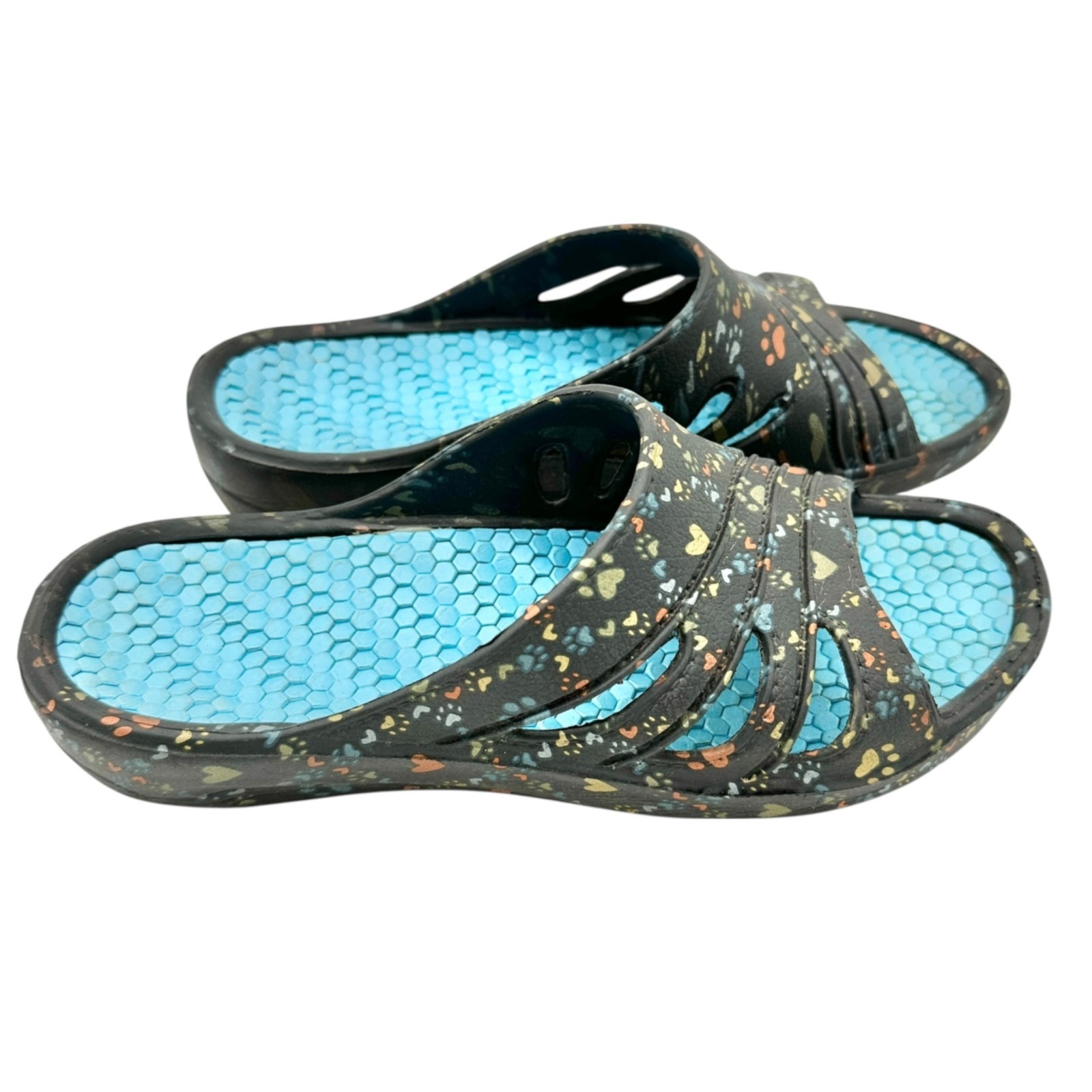 APL Sandali donna slide taglia 8 neri fantasia zampa cuore blu plantare nido d'ape