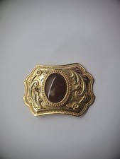 Vintage Handmade Belt Buckle Moss Agate Stone Middle Gold Tone Western No Belt