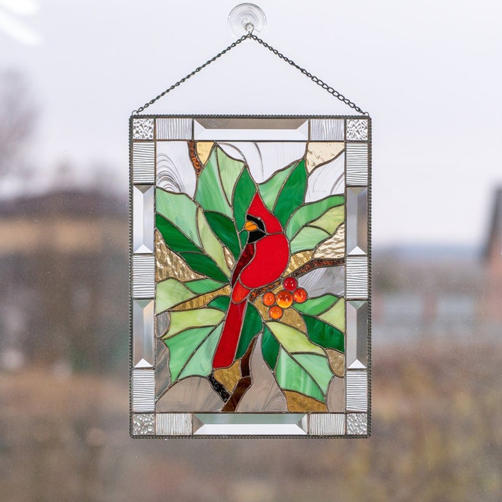 Cardinal Stained Window Panel Glass Window Hanging For Wall Decoration