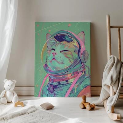 Gradient Nursery Space Tabby Cat Astronaut Wall Art Canvas Unframed Print Art