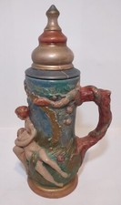 Vintage Hand Painted German Style Ceramic Beer Stein 11  Tall 1969 Adam and Eve