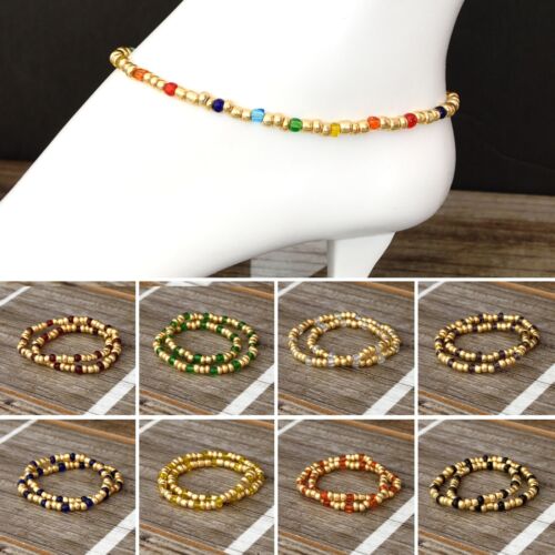 Glass Beads Stretch Ankle Bracelet - Gold Collection - Picture 1 of 10