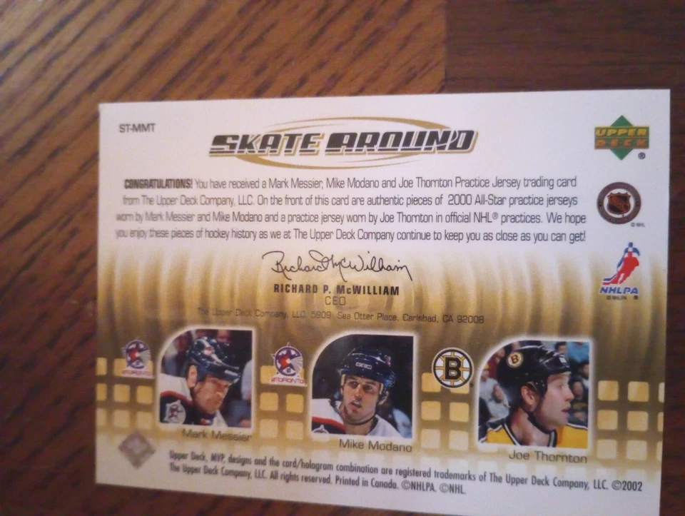 2002-03 UD MVP ST-MMT Mark Messier/Mike Modano/Joe Thornton TRIPLE JERSEY CARD - Image 2 of 2