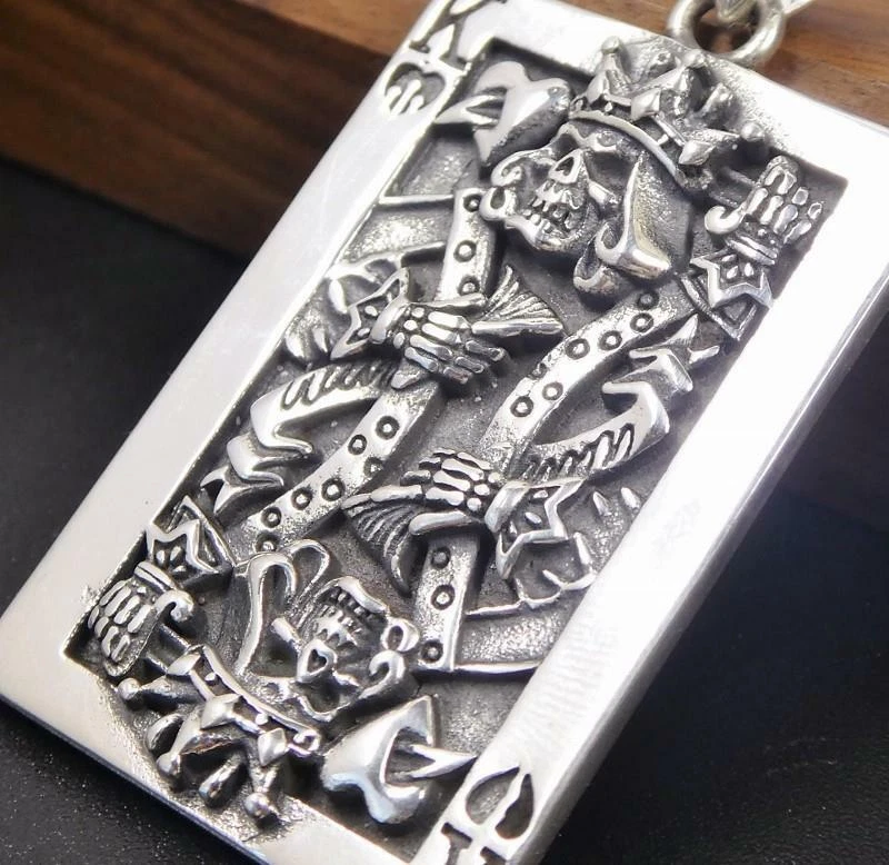 Solid 925 Sterling Silver Ornate Poker Card Skull King Rectangle Pendant Unique - Image 3 of 4
