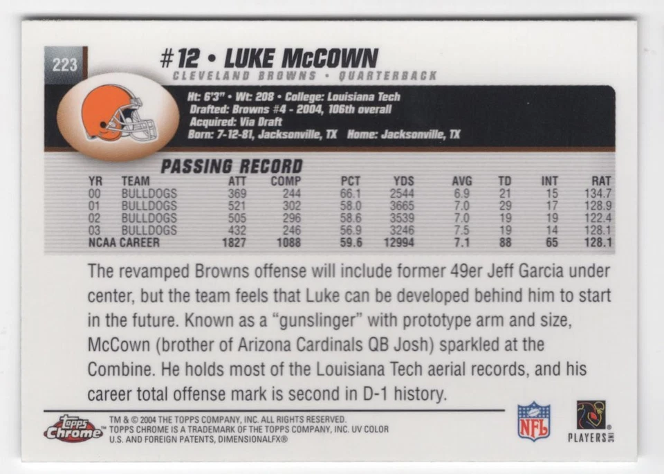 2004 Topps Chrome Luke McCown Rookie Cleveland Browns #223 - Image 2 of 2