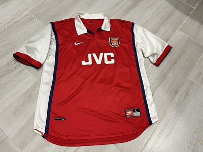 Mid 90s Nike Bergkamp Arsenal Gunners Men L Red JVC Vintage Mid 90s Nike Bergkamp Arsenal Gunners Men L Red JVC Vintage