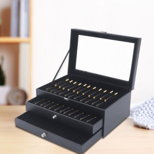 36 Piece Black Leather Flannel Pen Organizer Box Pen Collection Display Case NEW