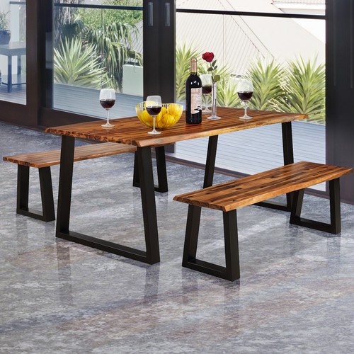 Rectangular Acacia Wood Dining Table Metal Frame Rustic Indoor Outdoor Furniture - Picture 3 of 5