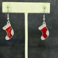 Silver Tone Red Enamel Rhinestone Christmas Stocking Pierced Earrings 3005