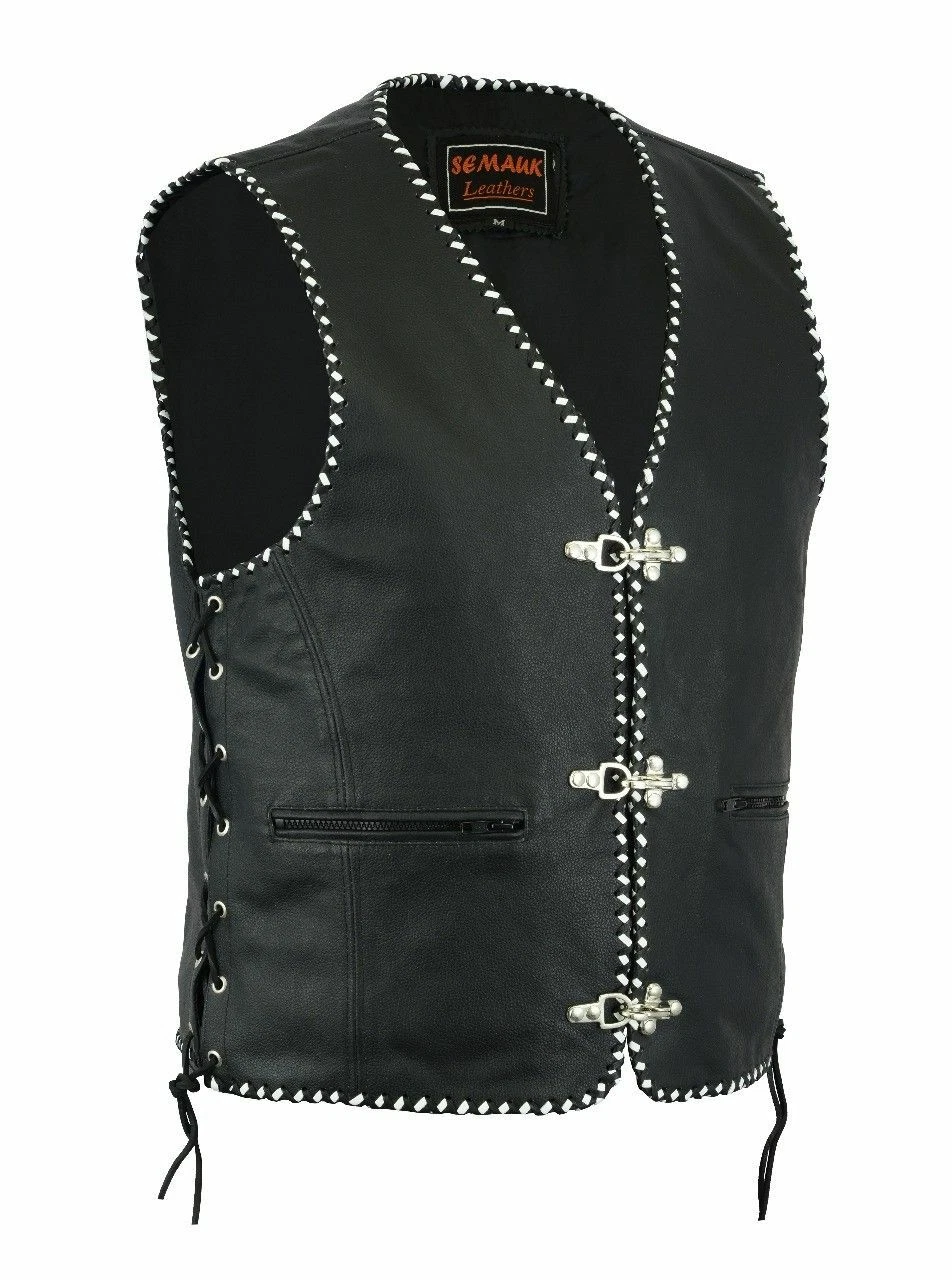 Men Real Leather Black Fish Hook Buckle Side Lace Motorcycle Vest - Waistcoat