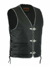 Men Real Leather Black Fish Hook Buckle Side Lace Motorcycle Vest - Waistcoat 