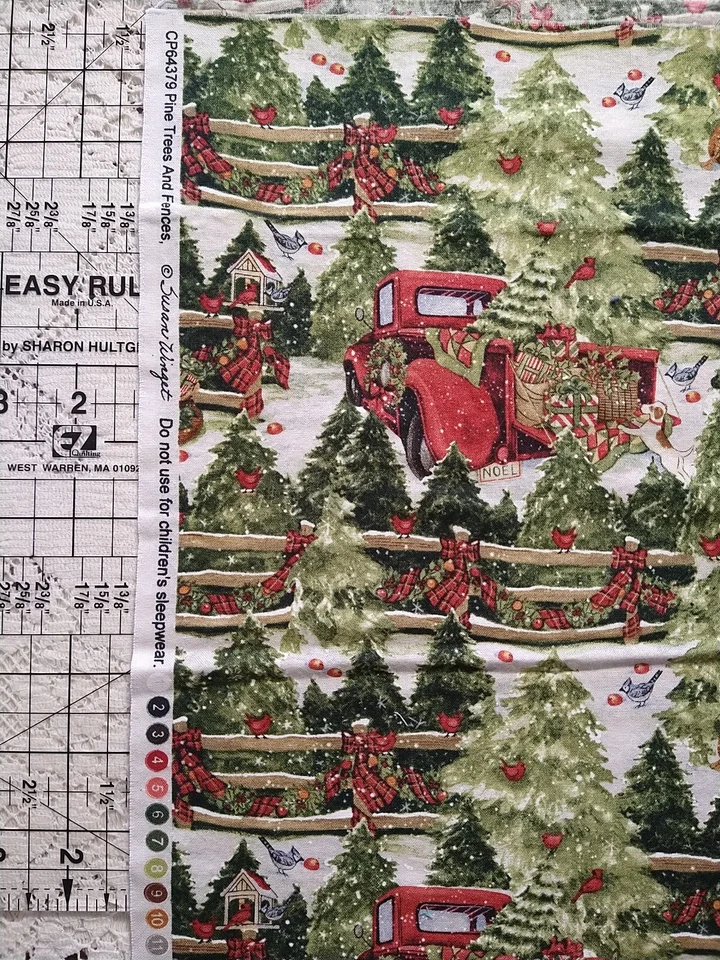 "Pine Trees & Fences" Fabric Susan Winget Red Truck Christmas Trees Snow 17x43 - Image 2 of 4
