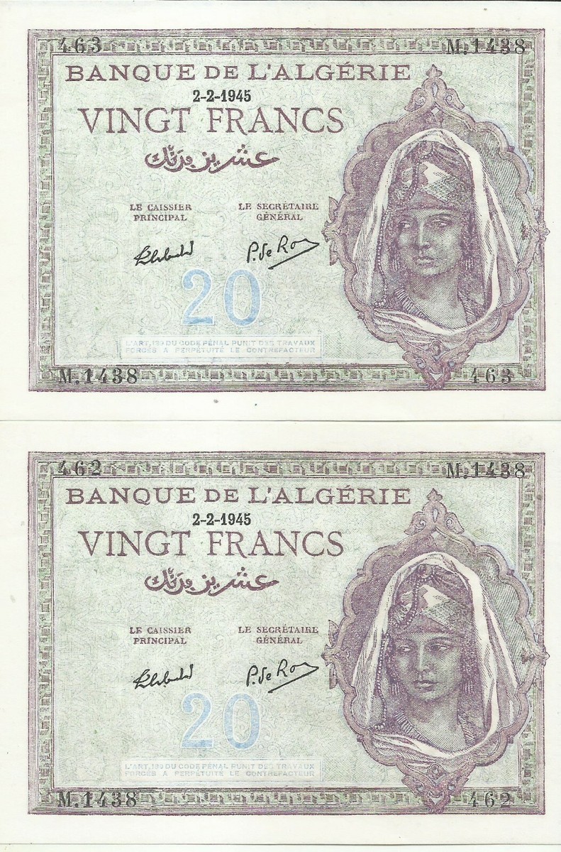 Z('69仏/アルジェリア) ALGERIA FRANCE LOT 2x 20 FRANCS 1945 P 92. CONSECUTIVE UNC
