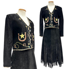 Vintage 80s/90s Patricia Wolf Suede Fringe Handpainted Cowgirl Two Piece Set