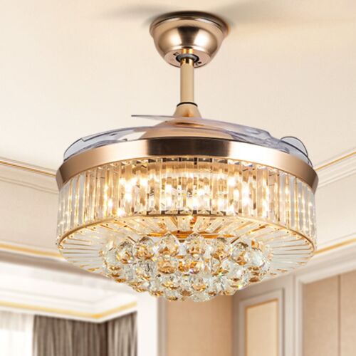 42" Crystal Ceiling Fan Remote Retractable Blades Chandelier 3-Colors 3-Speeds - Picture 10 of 13