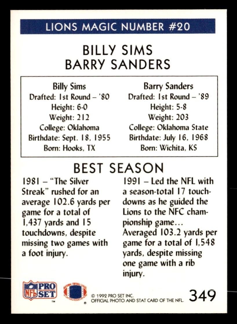 Barry Sanders / Billy Sims 1992 Pro Set Magic 20 Numbers Card #349