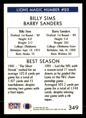 Barry Sanders / Billy Sims 1992 Pro Set Magic 20 Numbers Card #349