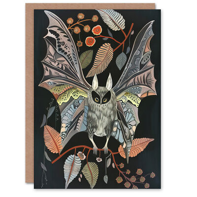 Grußkarte Fledermaus Flug Nacht Muster Rustikal Botanisch Blanko Geburtstag