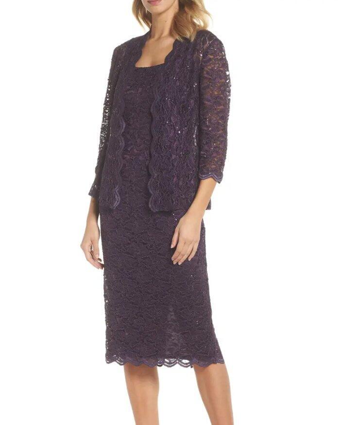 ALEX EVENINGS 16P Eggplant Sequin Lace Dress & Jacket NWT $209
