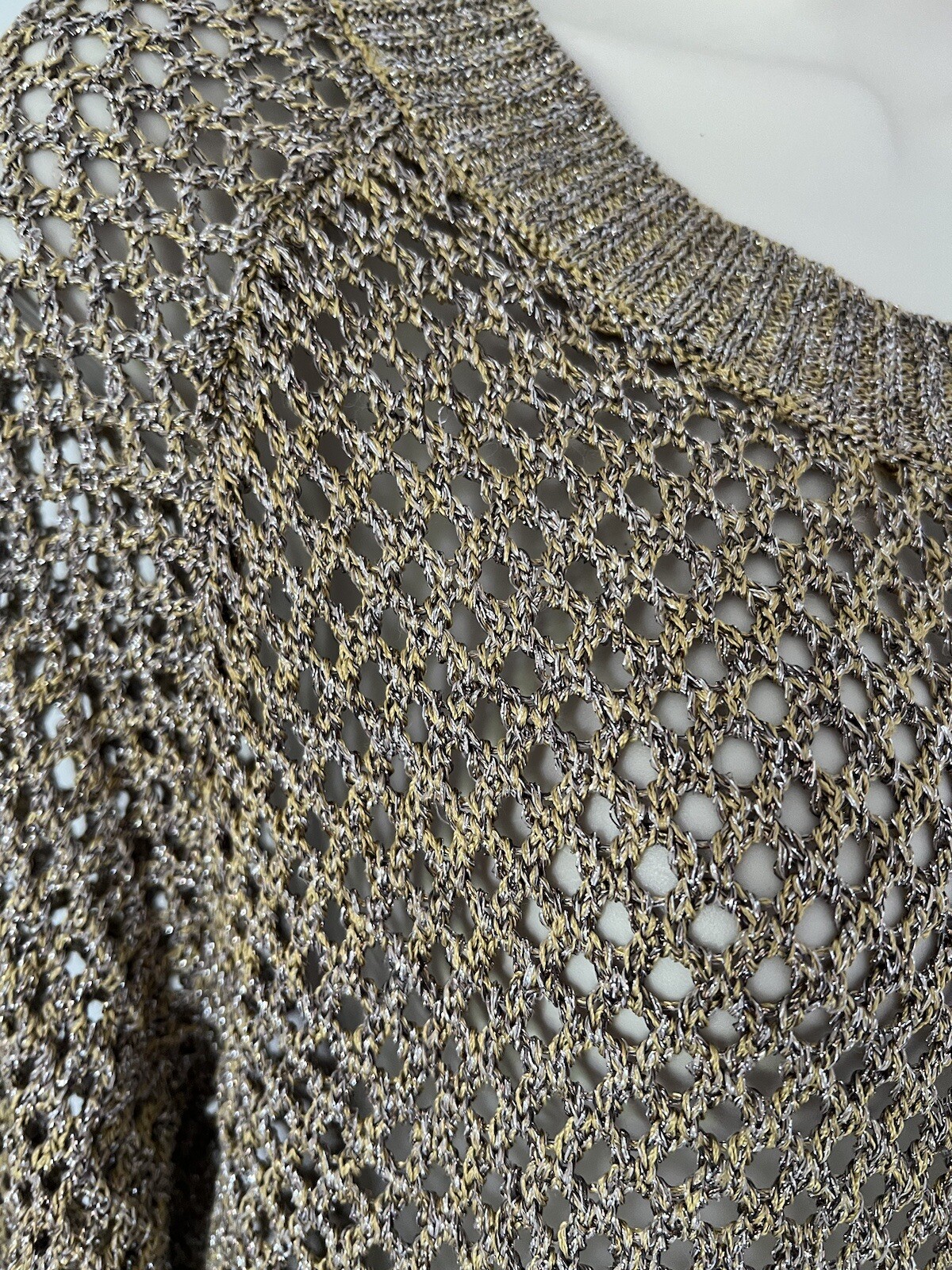 Gold Metallic Glitter Mesh Holey Knit Jumper Crochet Festive