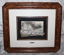 Vintage L Moroni 925 Silver Bas Relief Picture Boats Village Seagulls 18" Italy