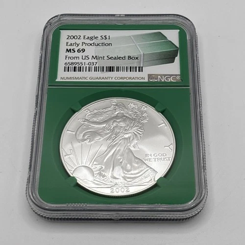 2002 $1 Silver Eagle NGC MS69 Early Production From US Sealed Box Green Core