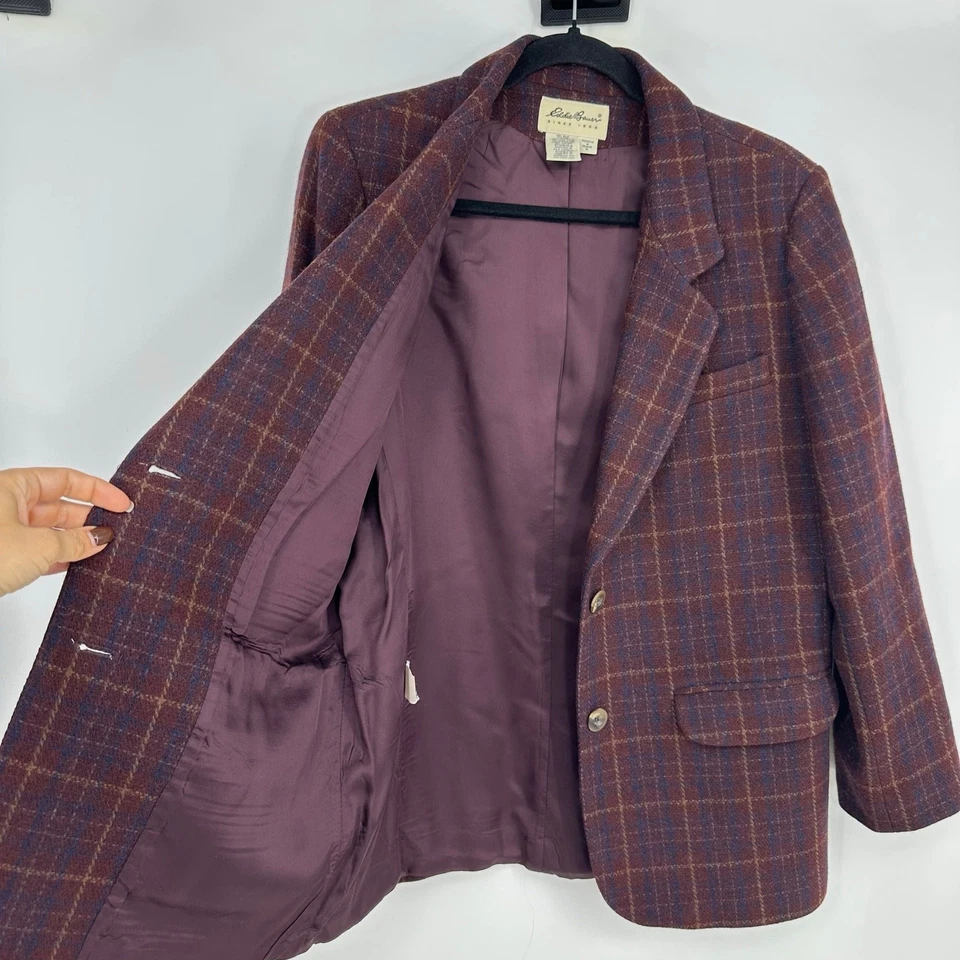 Chaqueta de lana vintage Eddie Bauer para mujer M borgoña a cuadros Preppy Old Money Blazer Foto 3 de 4