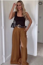 ZARA NEW WOMAN HIGH WAIST SATIN WIDE-LEG BELTED PANTS CARAMEL SIZE S 7965/556